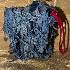 Fringed Denim Wristlet with Red Strap